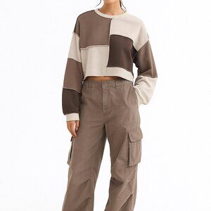 Garage Colorblock Patchwork Cropped Sweatshirt Size XS Neutral Earth Tones